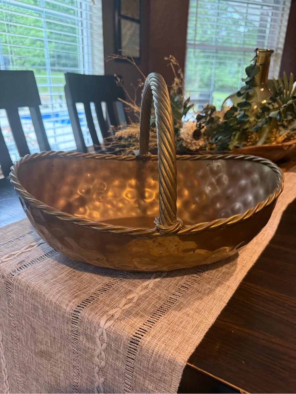 Vintage Hammered Brass Basket with Twisted Handle - Gold 13”x9”
